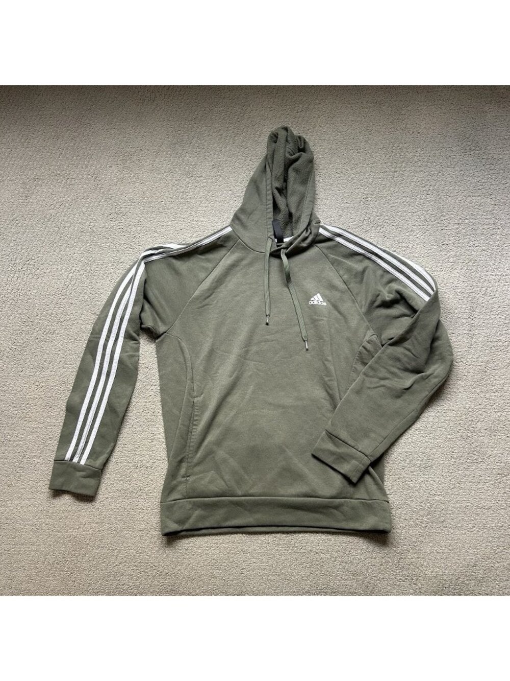 Adidas Green Long Sleeve Hooded Pullover Hoodie 3 Stripes Fleece Size Medium